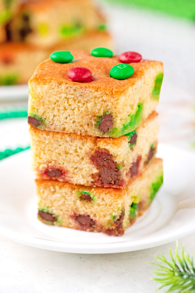 M&M's cookie bars on top of each other.