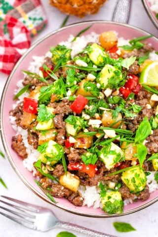 overhead shot of pineapple ground beef over rice