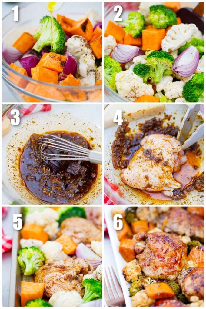 collage of six photos of how to make balsamic parmesan chicken and veggies