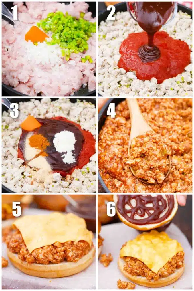 collage of six photos how to make bbq turkey sloppy joes