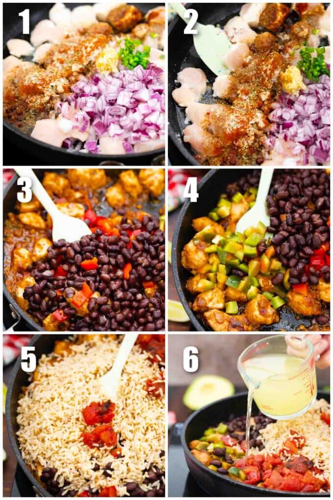 collage of six photos showing how to make fiesta chicken