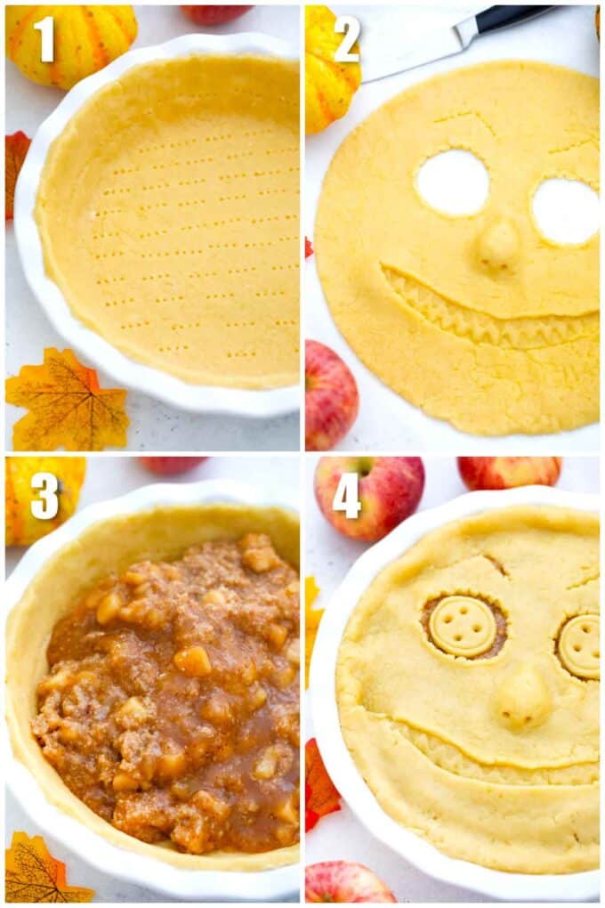 collage of four photos showing how to make scary face halloween apple pie