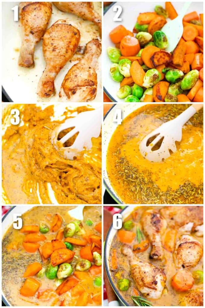 collage of six photos of how to make one pan roasted chicken