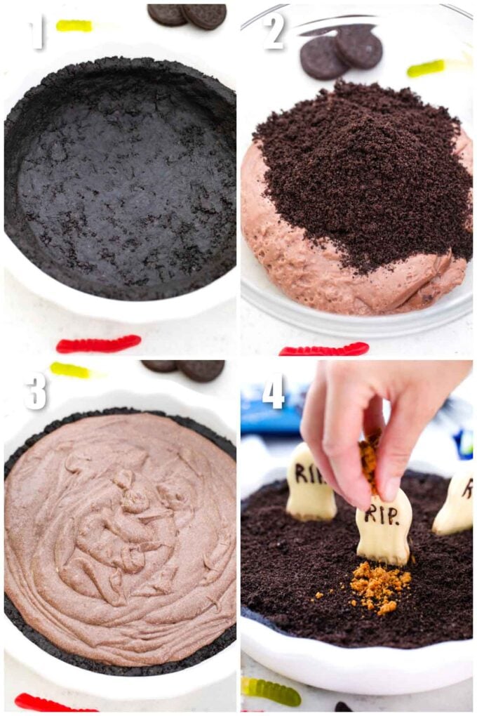 collage of 4 photos on how to make oreo dirt pie