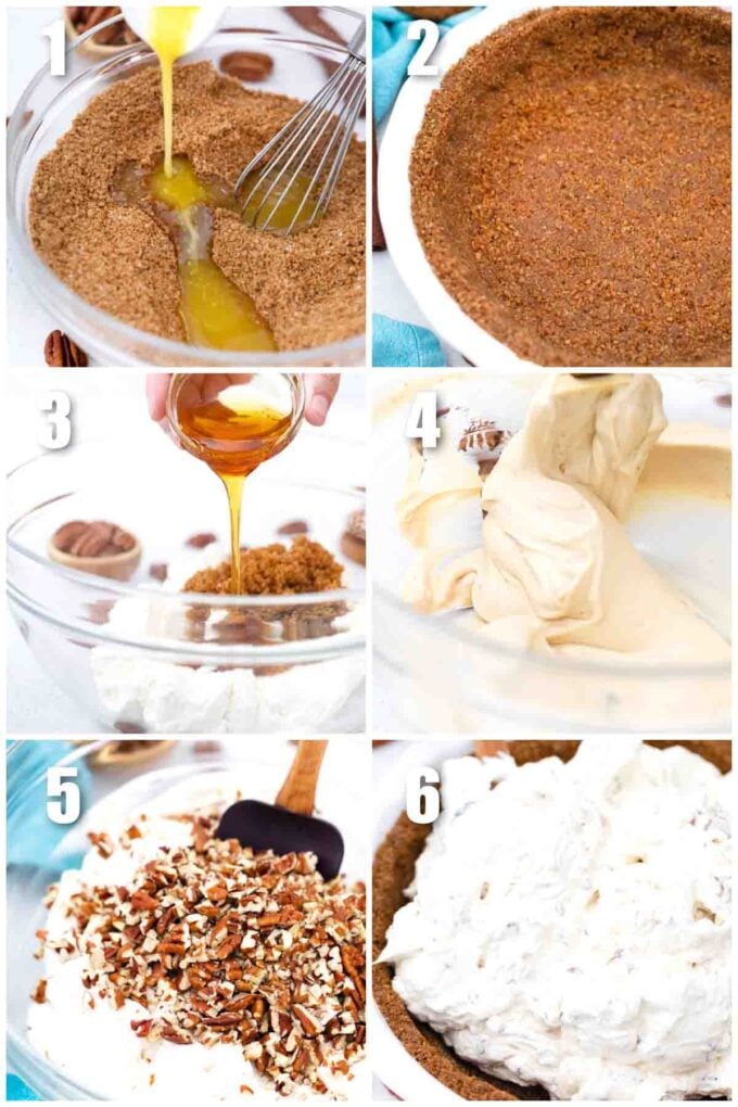 collage of six photos of how to make pecan cream pie