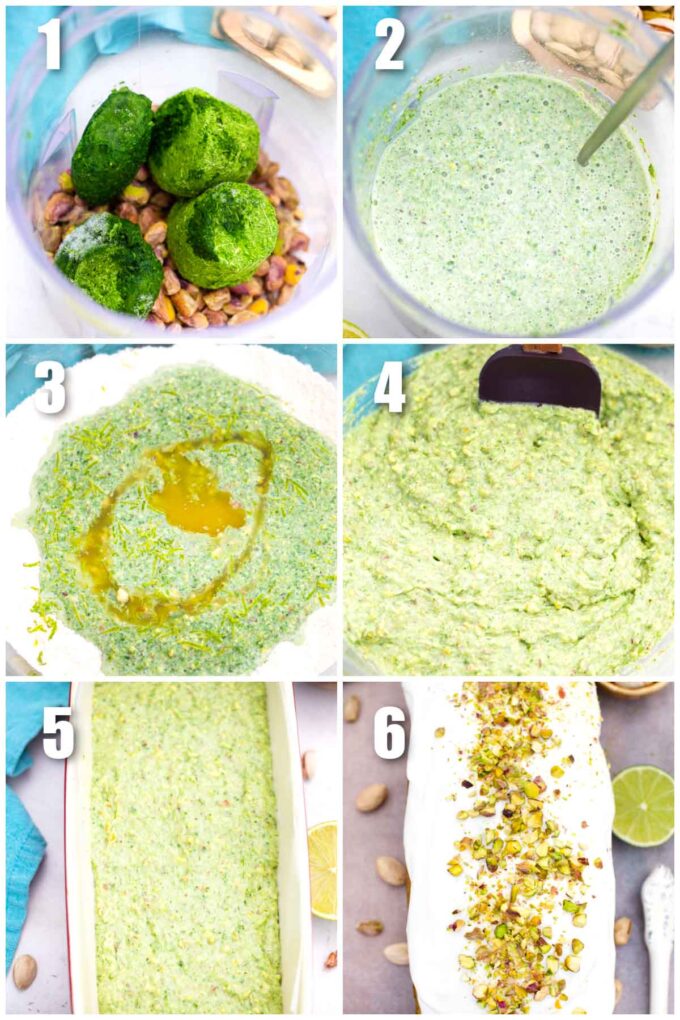 collage of six photos showing how to make pistachio pound cake