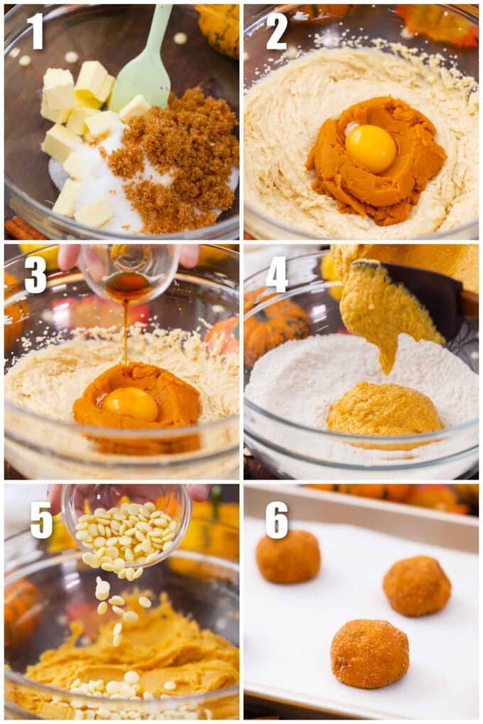 collage of six photos showing the steps how to make pumpkin snickerdoodle cookies