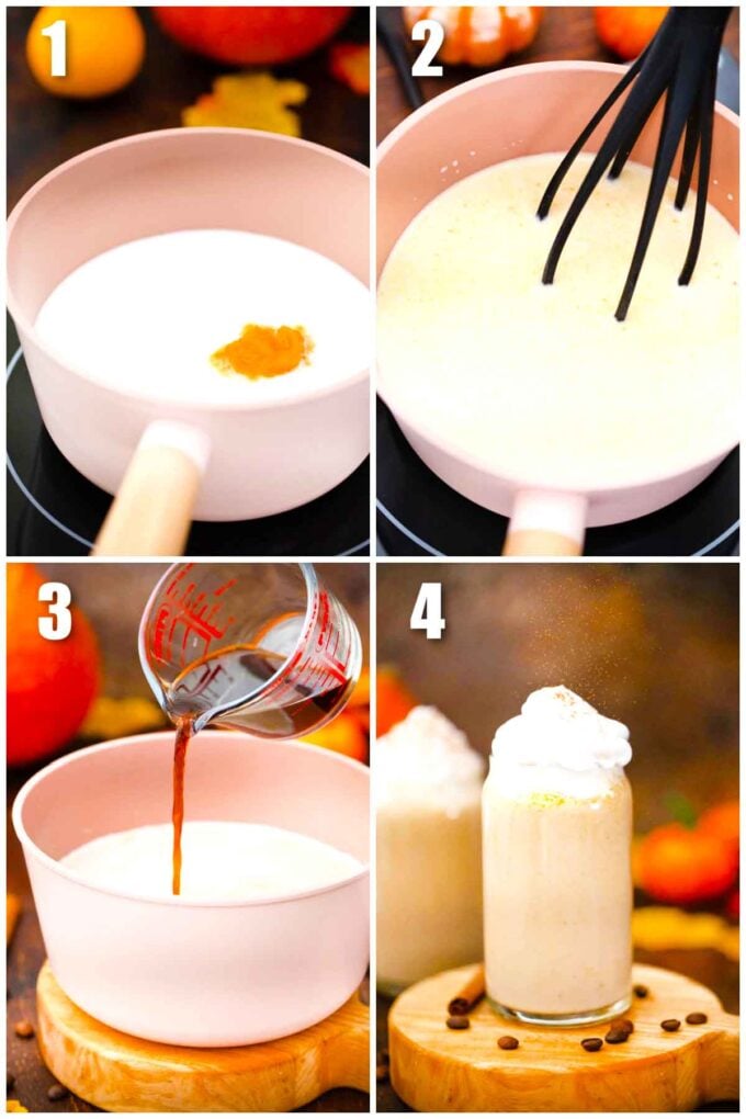 collage of four photos of how to make starbucks pumpkin spice latte
