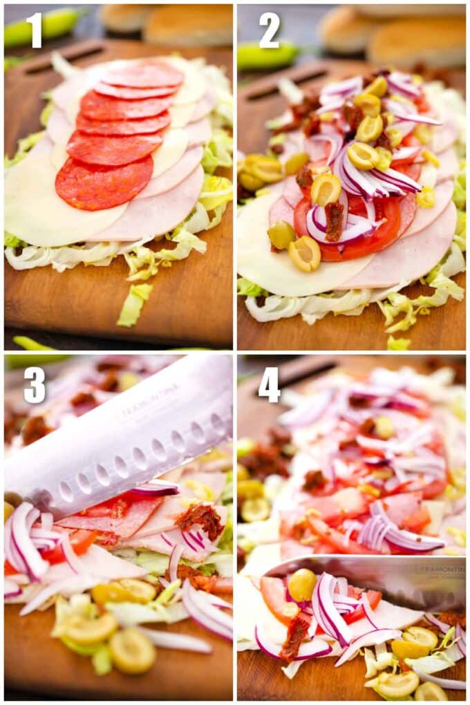collage of four photos showing the steps of how to make viral chopped italian sandwich
