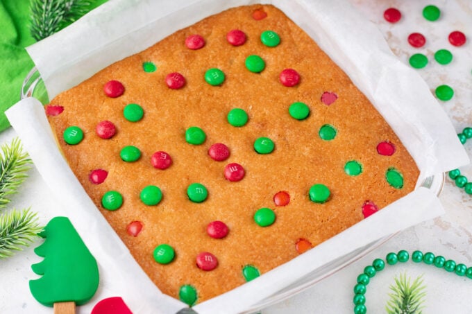 A pan of baked M&M cookie bars.