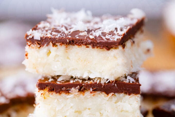 Stacked no-bake coconut crack bar.