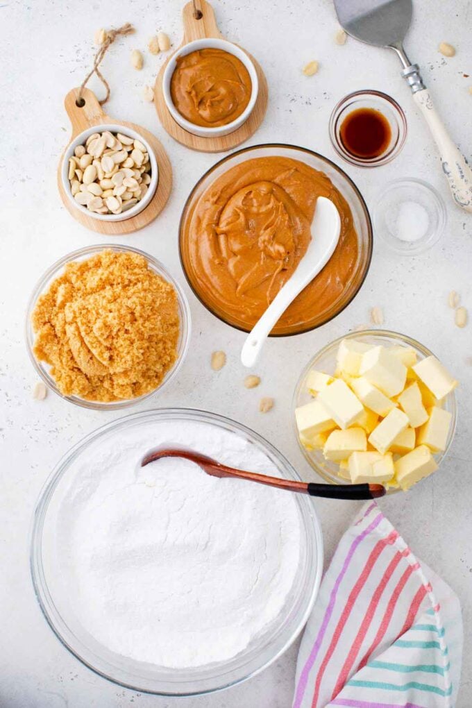 peanut butter fudge ingredients in bowls on a table