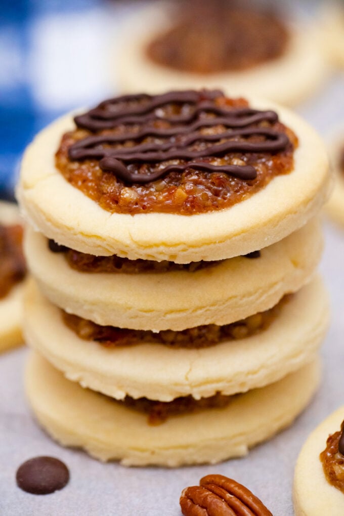 A stack of buttery pecan pie cookies.