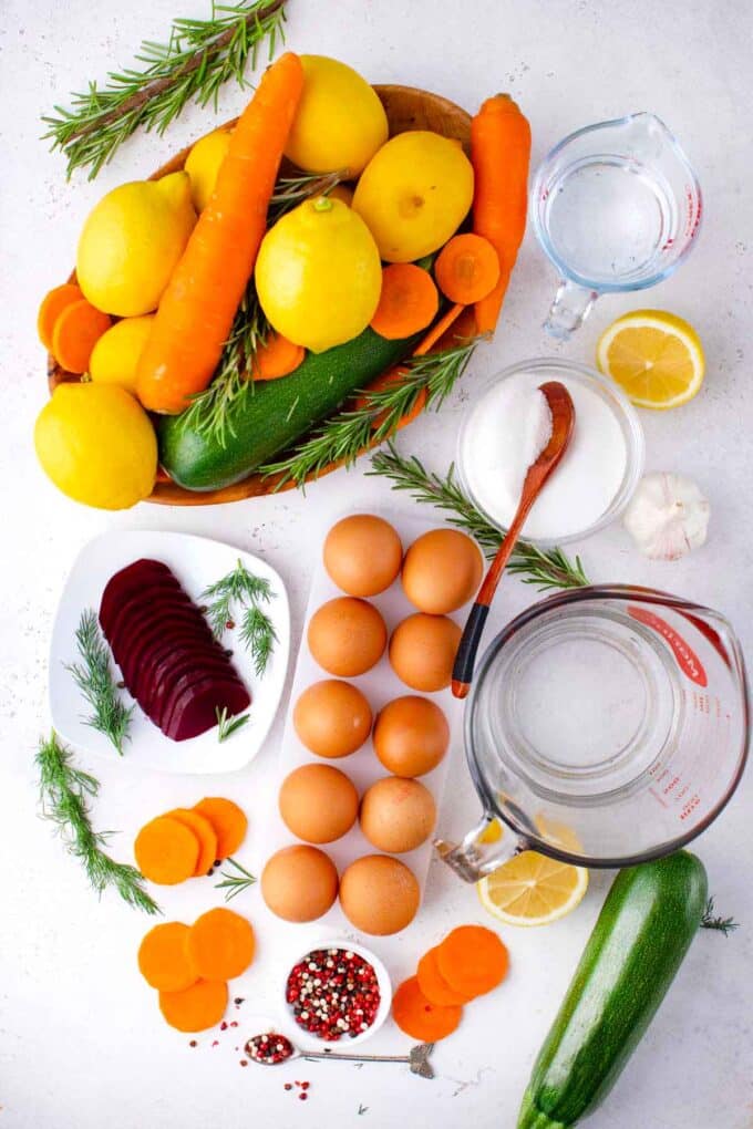 pickled eggs ingredients in bowls on a table