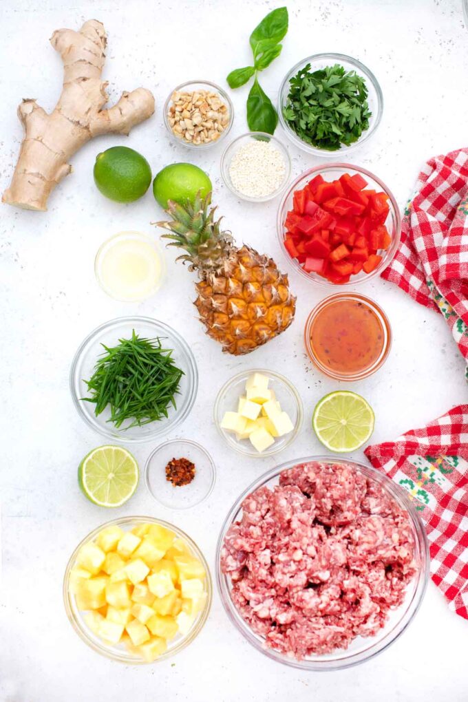 overhead shot of pineapple ground beef ingredients on a table