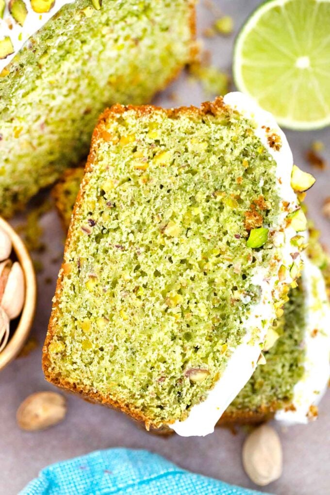 overhead shot of green slices of pistachio pound cake