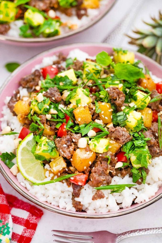 thai pineapple ground beef with rice and topped with peanuts and cilantro