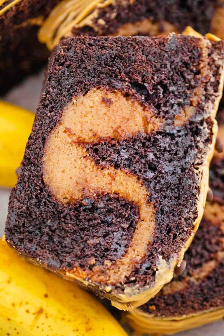 overhead close shot of a slice of chocolate peanut butter buckeye banana bread