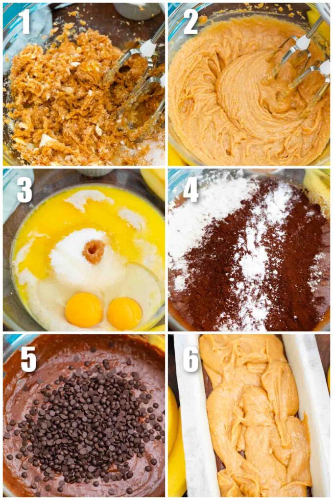 collage of six photos showing the steps of how to make buckeye banana bread