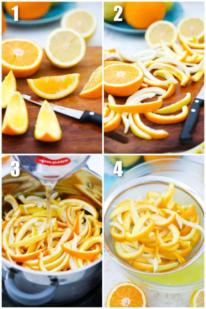 collage of four photos showing steps how to make candied citrus peel