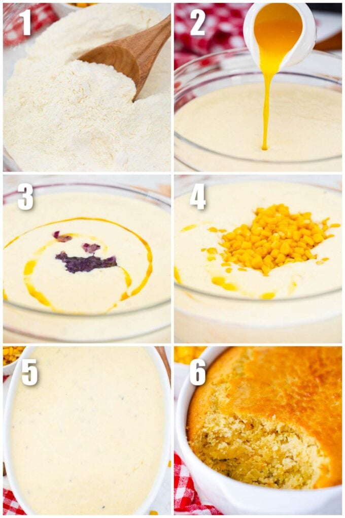 collage of six photos showing the steps how to make corn pudding casserole