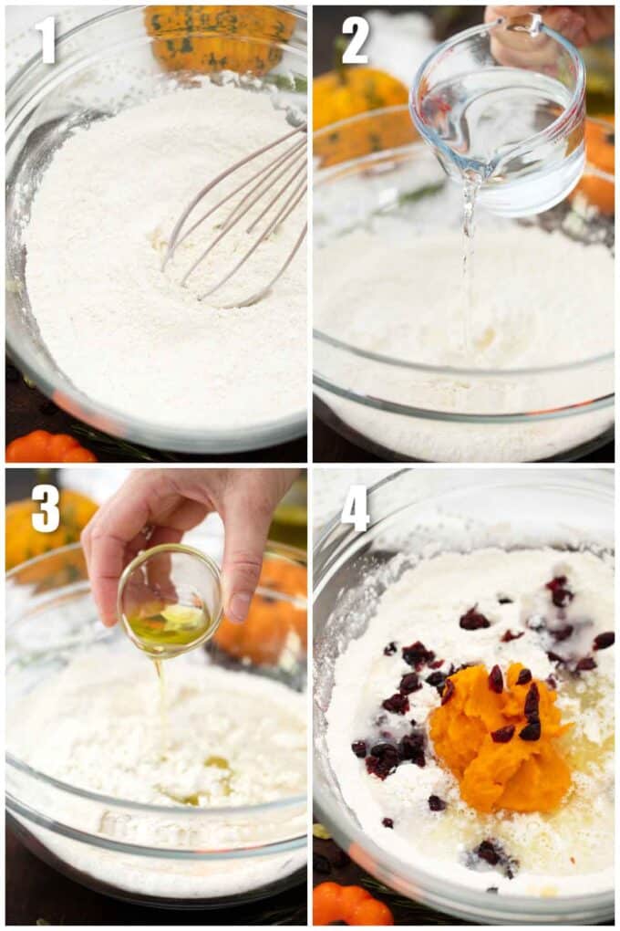 collage of four photos showing how to make pumpkin focaccia batter