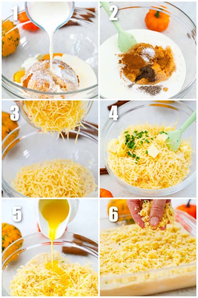 collage of six photos showing how to make pumpkin gratin