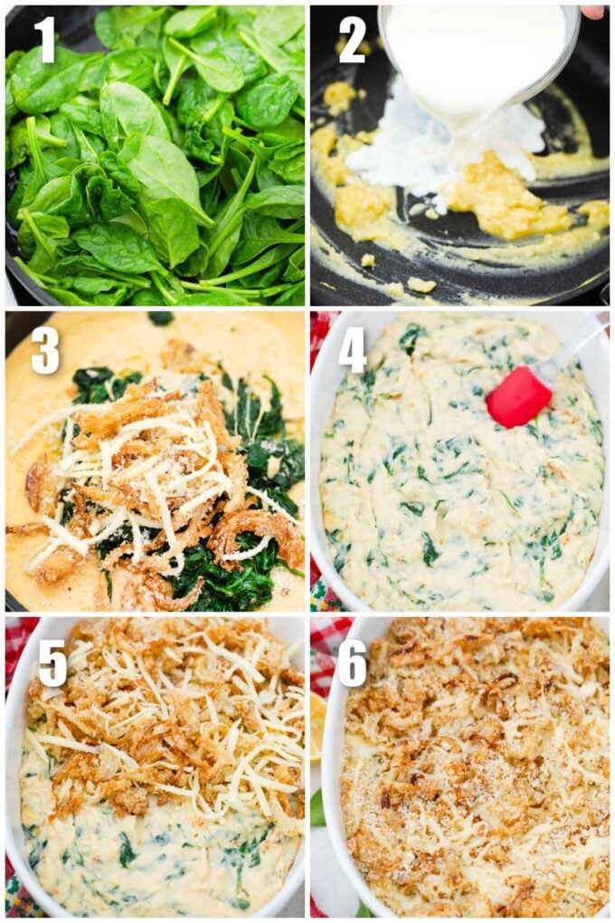 collage of six photos of how to make spinach casserole