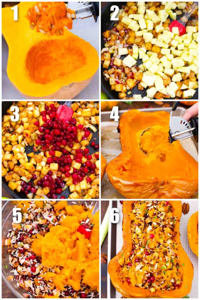 collage of six photos showing the steps how to make stuffed butternut squash