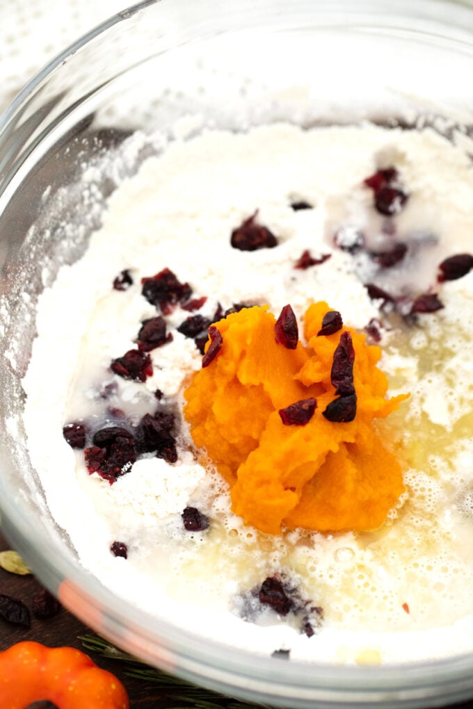 Making dough for cranberry pumpkin focaccia.