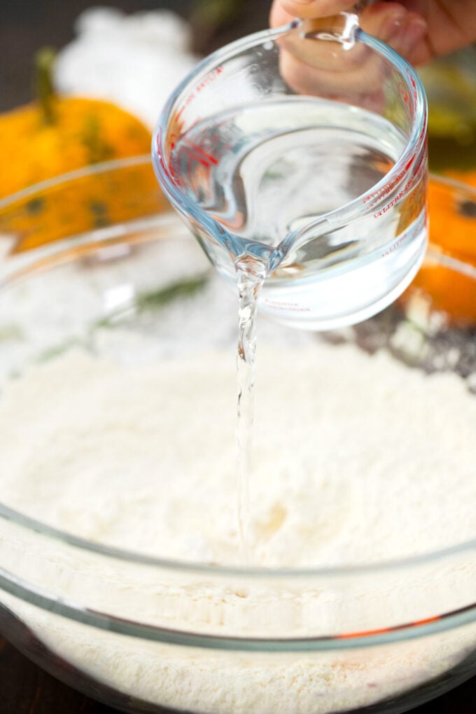 Making dough for pumpkin focaccia.