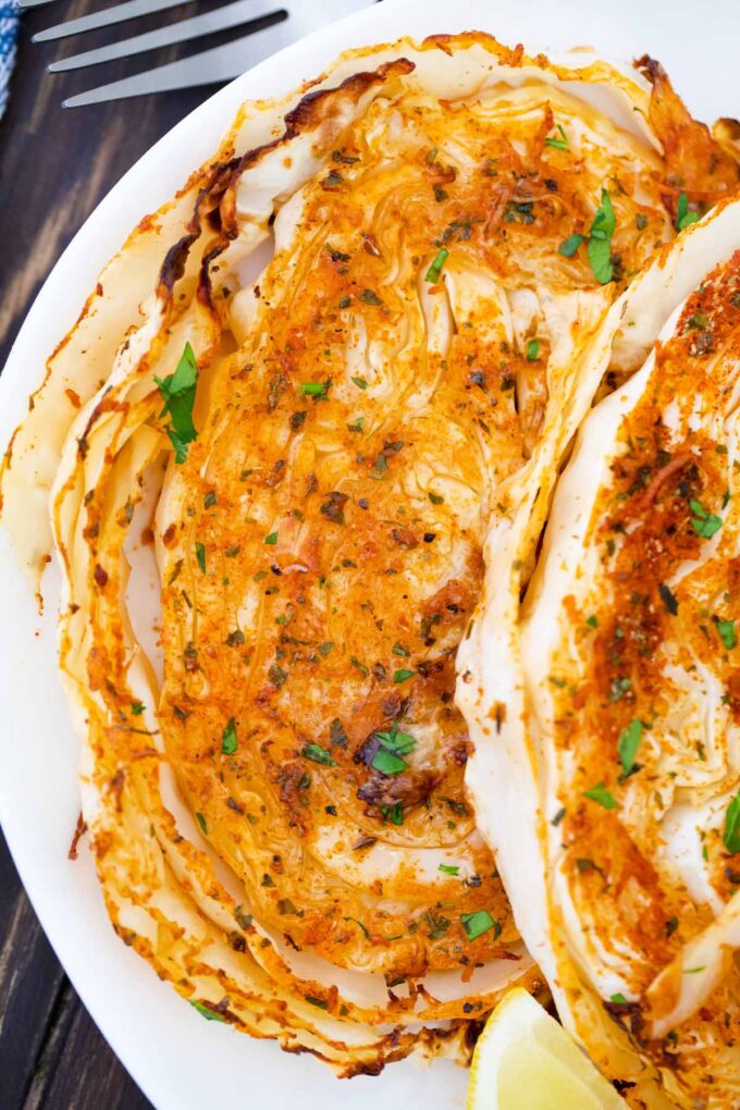 Golden brown air fried cabbage steaks.