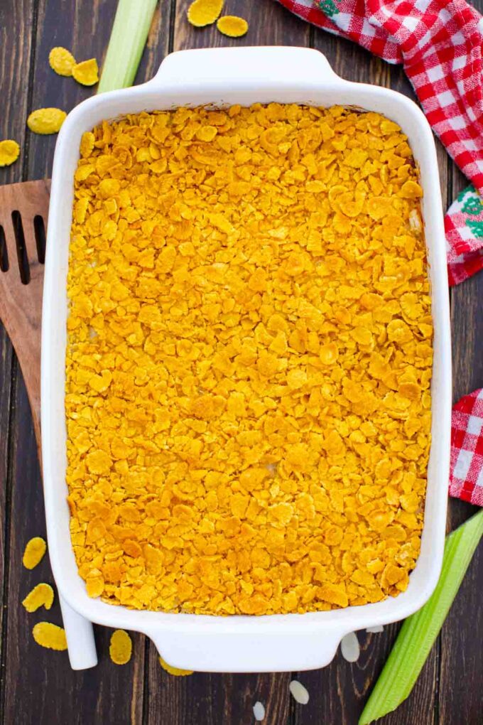 overhead shot of rotisserie chicken casserole topped with crushed corn flakes