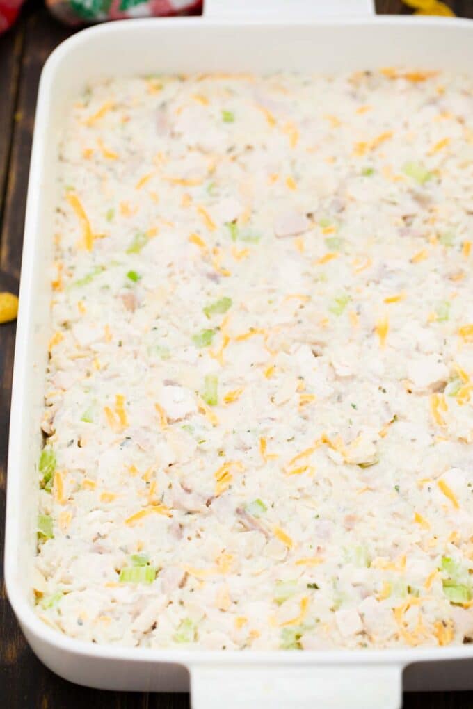 rotisserie chicken casserole in a baking dish