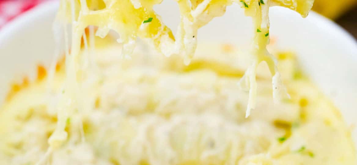 lifting a cheesy chicken alfredo mannicotti facebook from a baking dish