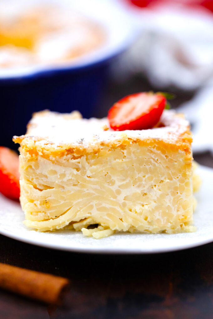 Sweet and creamy macaroni pudding.