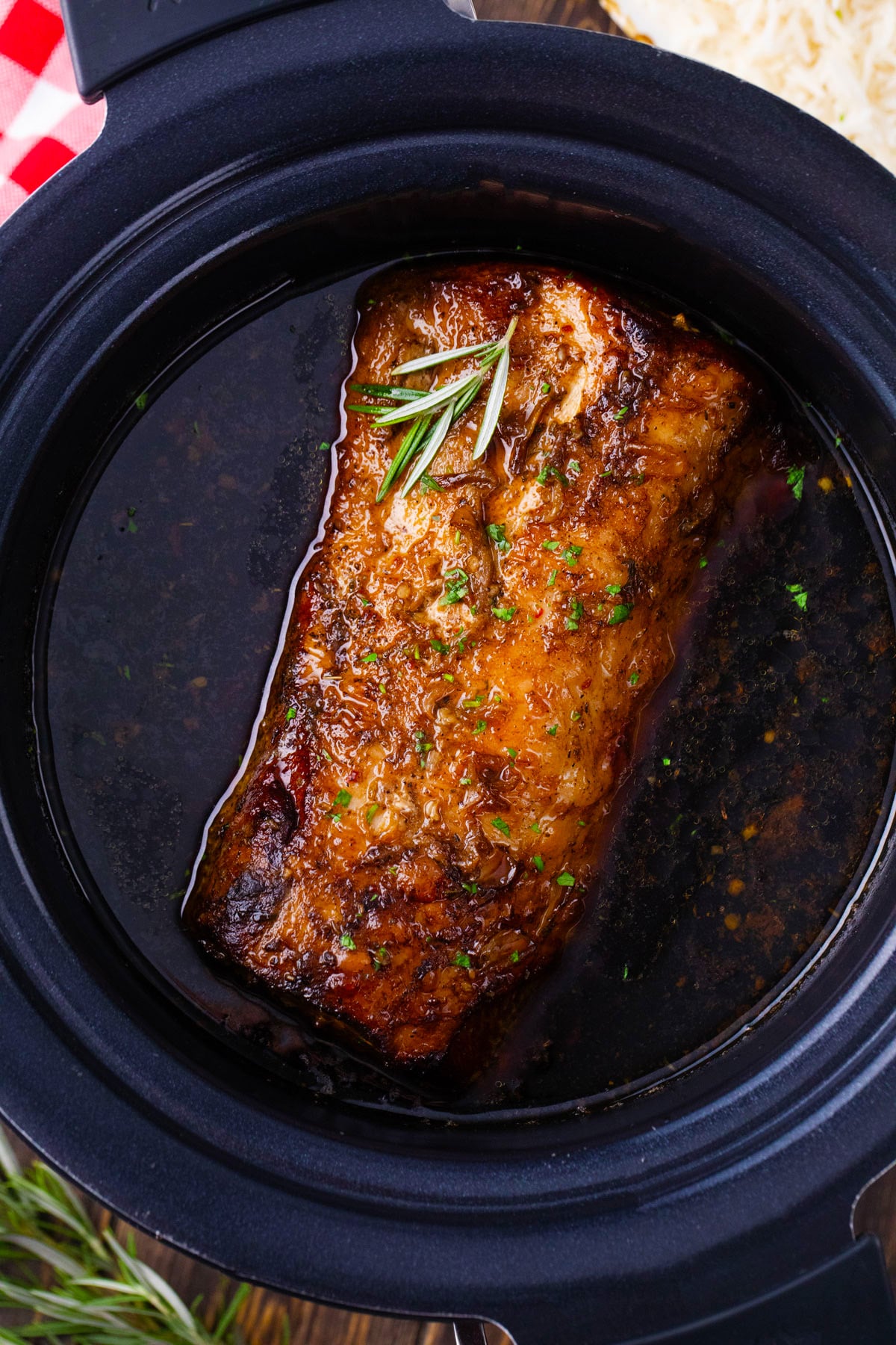 Overhead shot of crockpot balsamic pork loin.