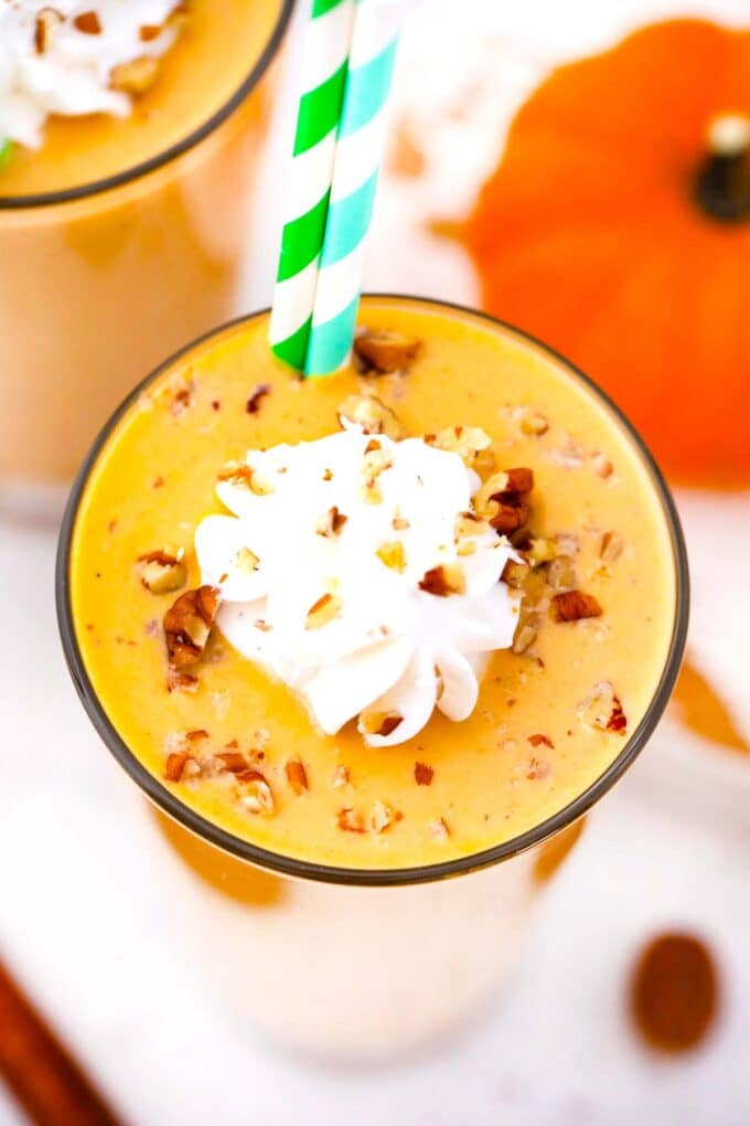 overhead shot of a glass with pumpkin pie smoothie