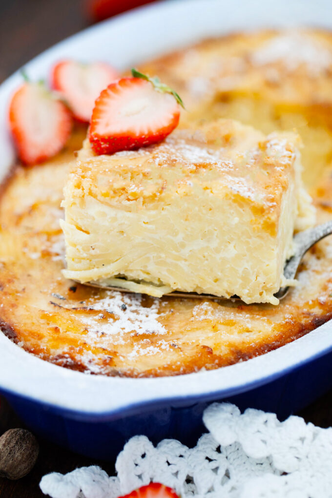 Creamy macaroni pudding casserole.