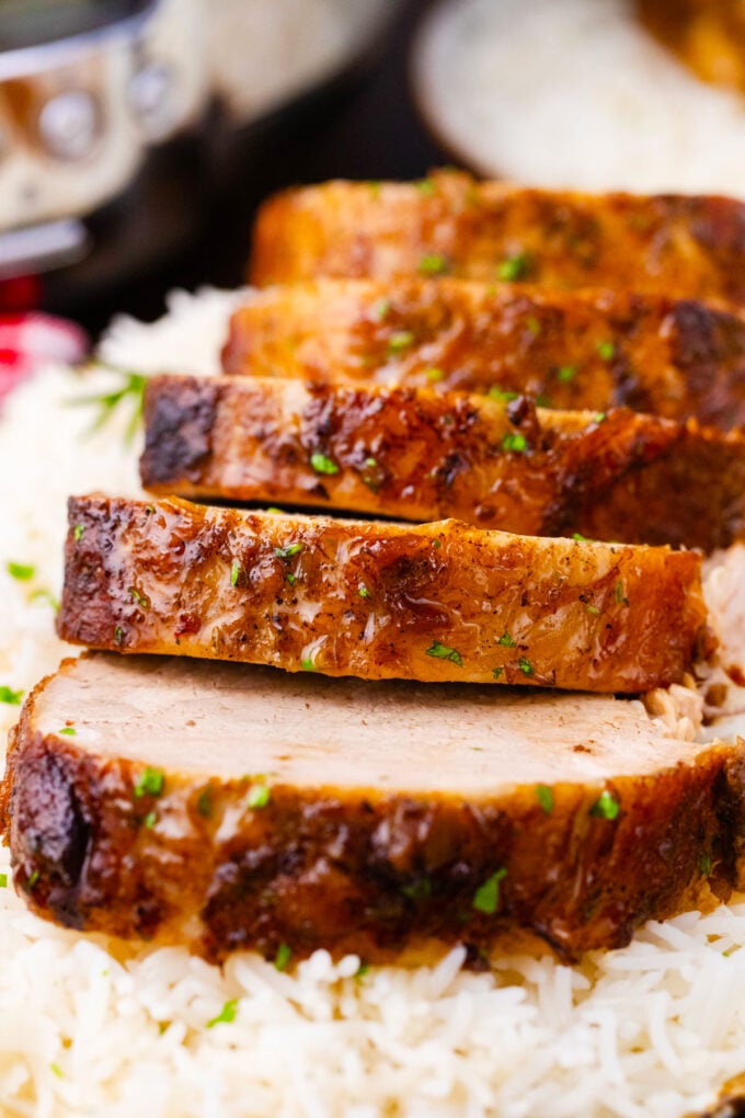 Sliced crockpot balsamic pork loin.