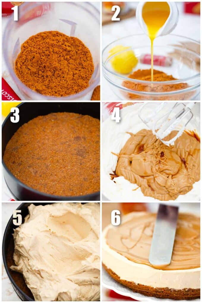 collage of six photos showing how to make biscoff cheesecake