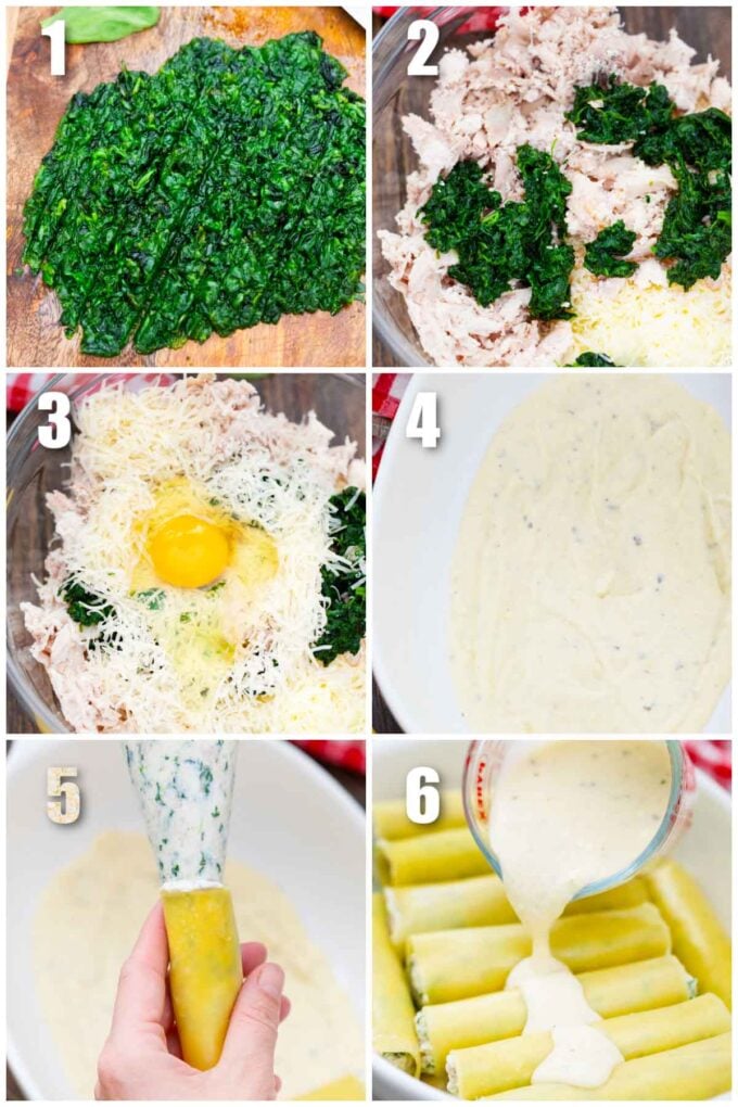 collage of six photos showing how to make chicken alfredo mannicotti