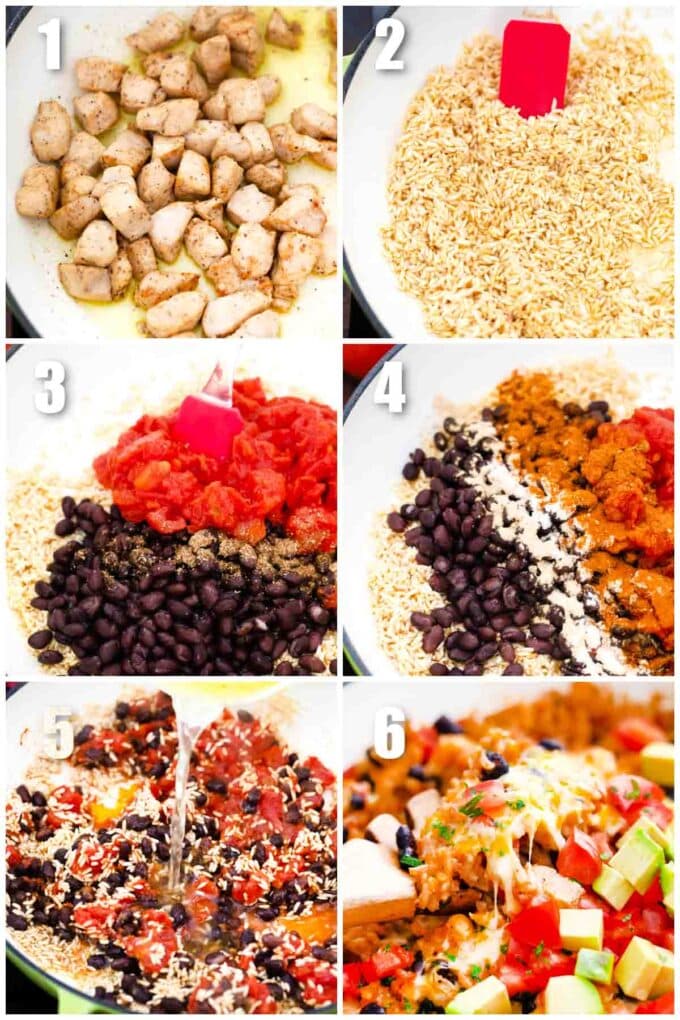 photo collage of six photos showing how to make chicken burrito skillet