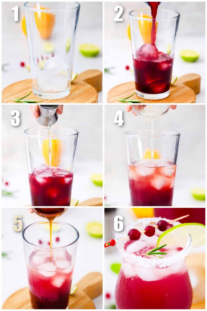 collage of six photos showing how to make cranberry margarita