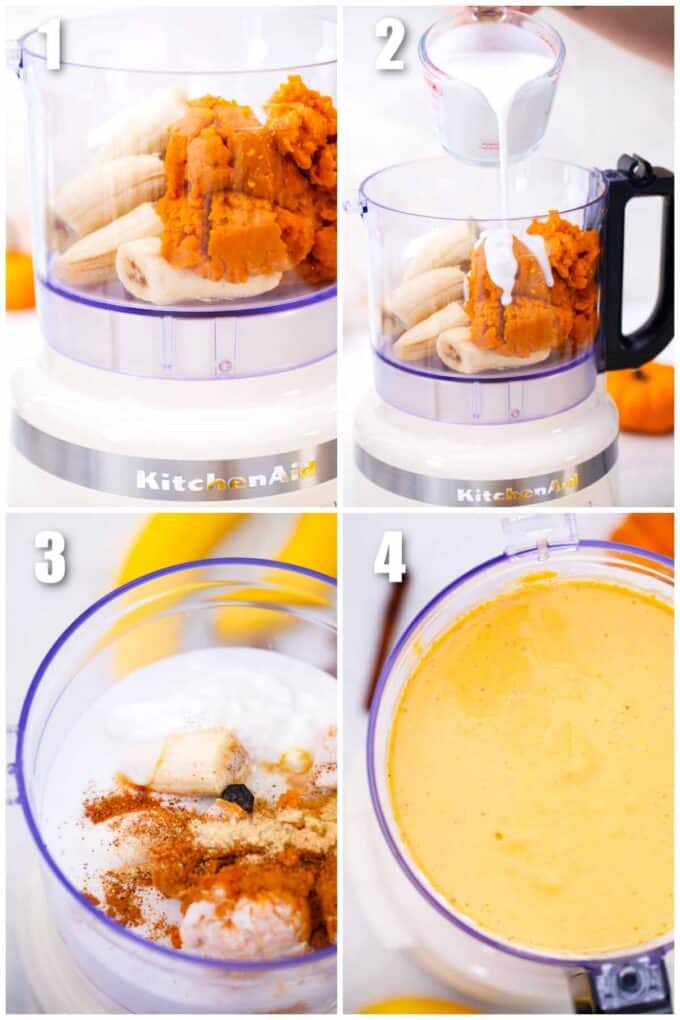 collage of four photos showing how to make pumpkin pie smoothie