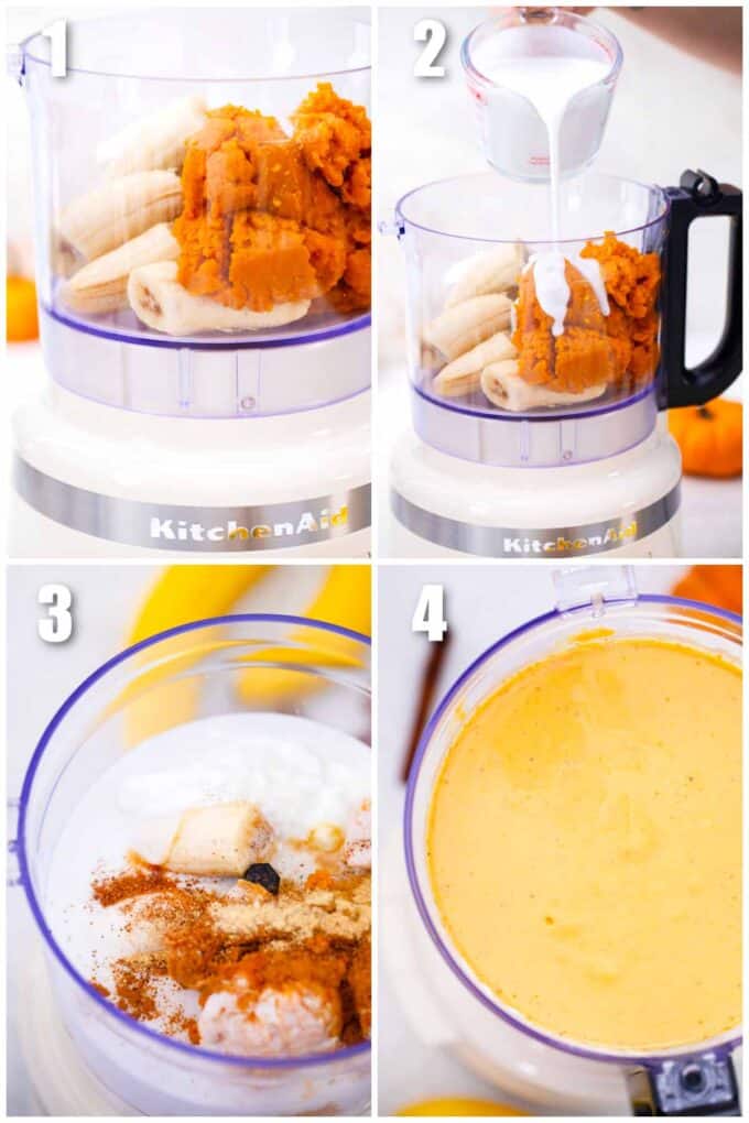 collage of four photos showing how to make pumpkin pie smoothie 