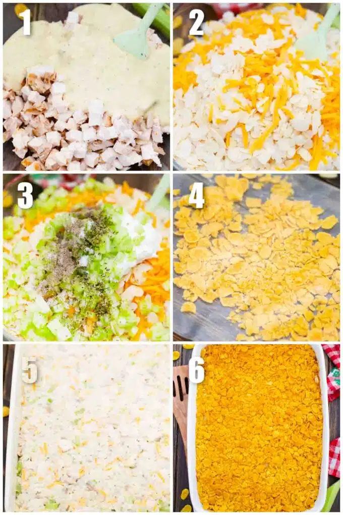 collage of six photos showing the steps how to make rotisserie chicken casserole