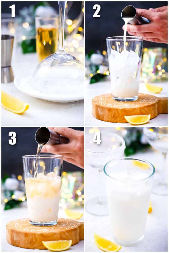 collage of four photos showing how to make snowflake martini