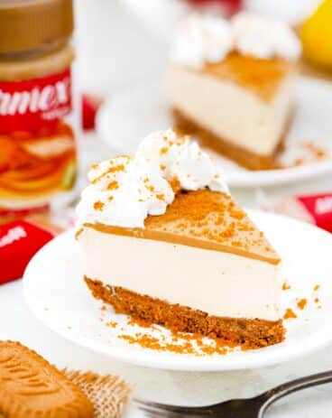 a slice of no bake biscoff cheesecake topped with whipped cream with a jar of biscoff next to it