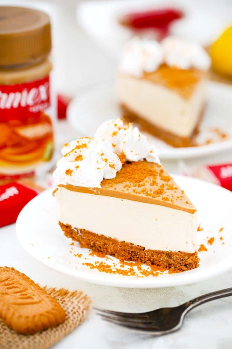 a slice of no bake biscoff cheesecake topped with whipped cream with a jar of biscoff next to it